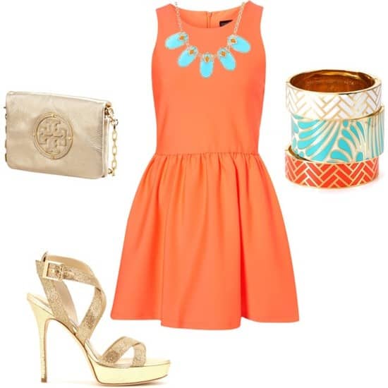 Orange sleeveless flare dress and gold heels