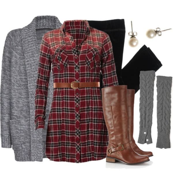 Plaid shirt dress, matching cardigan and legwarmers