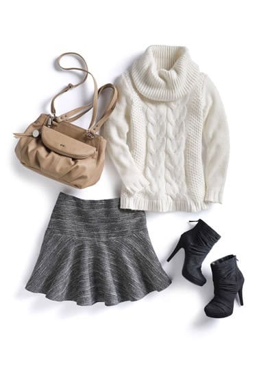 Cable knit turtleneck and mini skirt