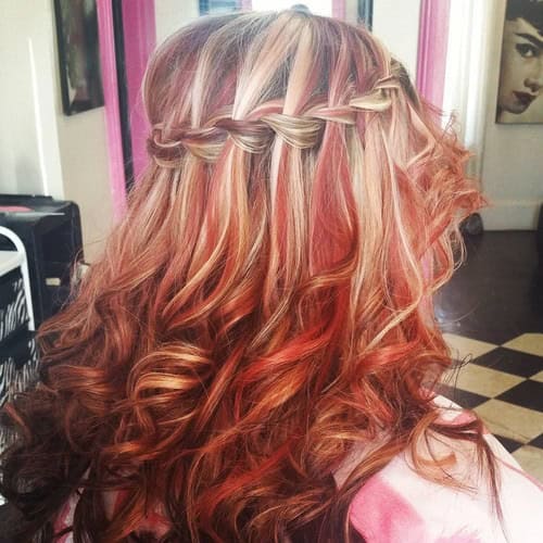 Blonde and Red Tousled Curls with Waterfall Braid