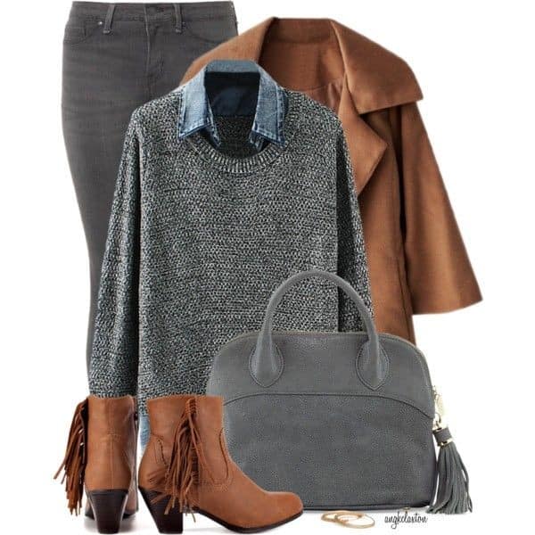 Brown and grey with brown fringe ankle boots