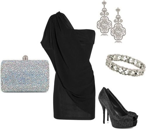 Little black one-shoulder silk dress, black beaded peep-toe pumps and silver accessories