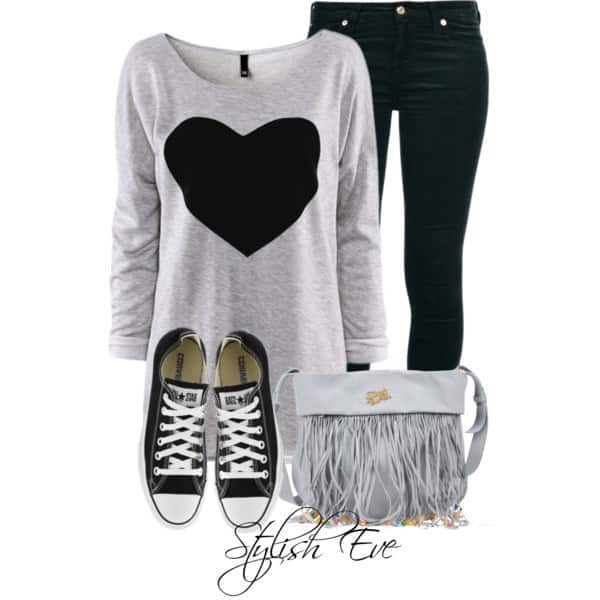 Long sleeve graphic shirt with sneakers and a fringe purse