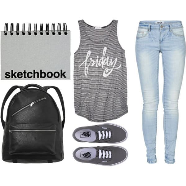 Graphic tank and light blue jeans