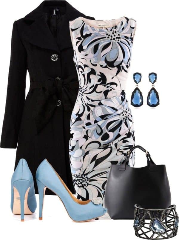 Printed sleeveless dress and baby blue heels