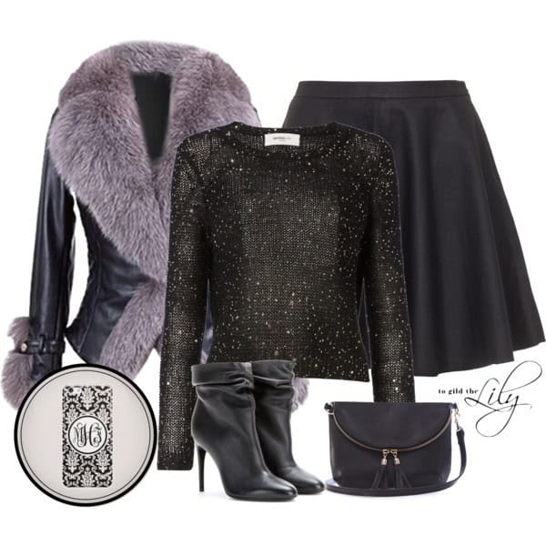 Black beaded top, black flare skirt and black leather jacket with fur trim/via