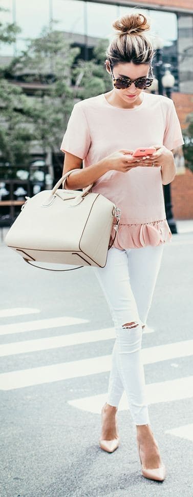 Pink T-shirt with White Jeans