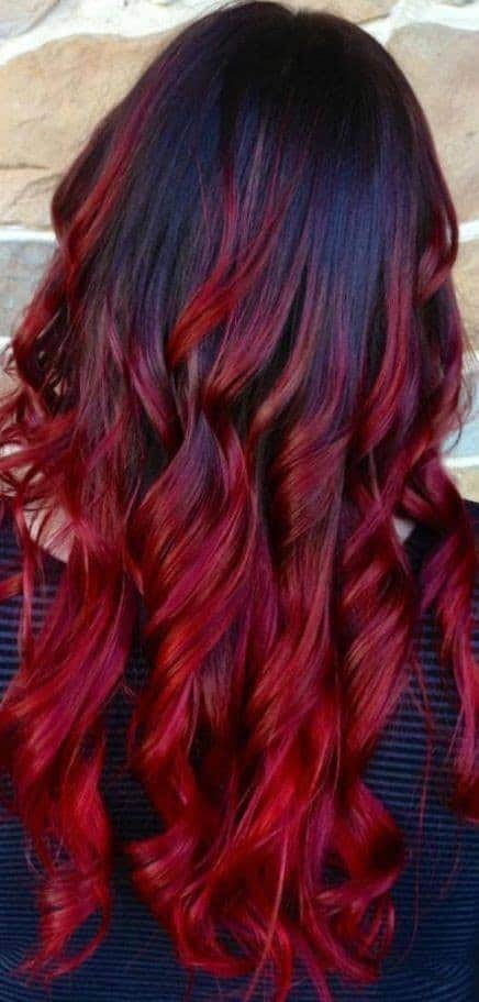 Glossy Black to Red Ringlets – red ombre hairstyle for long hair