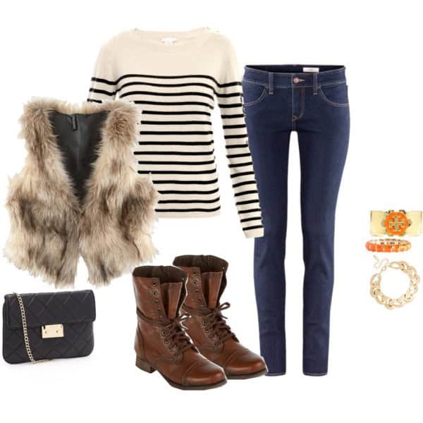 Striped long sleeve shirt and lace-up boots and fur vest