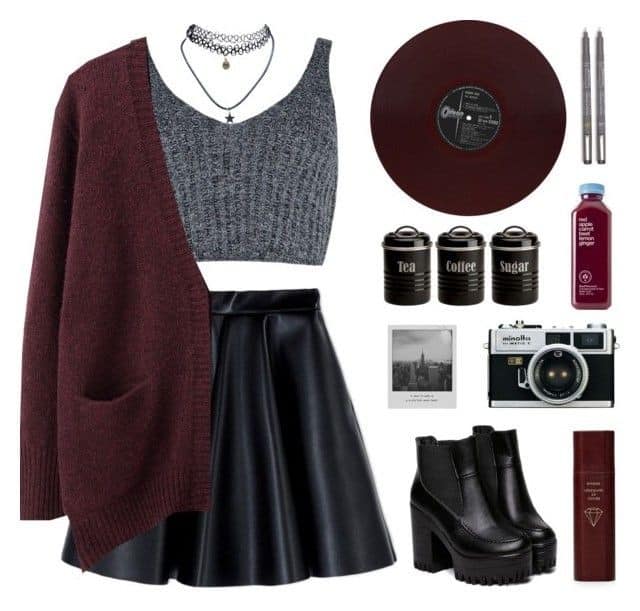 Grey midi top, burgundy cardigan and black flare leather mini skirt