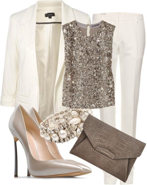 White suit and silver beaded tank