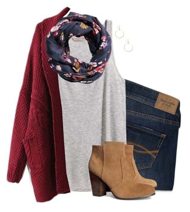 Outfit Ideas and Inspiration for Fall – Red cable knit cardigan, heather grey tank and dark blue jeans