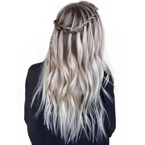 Grey to Silver Loose Curls with Waterfall Braid