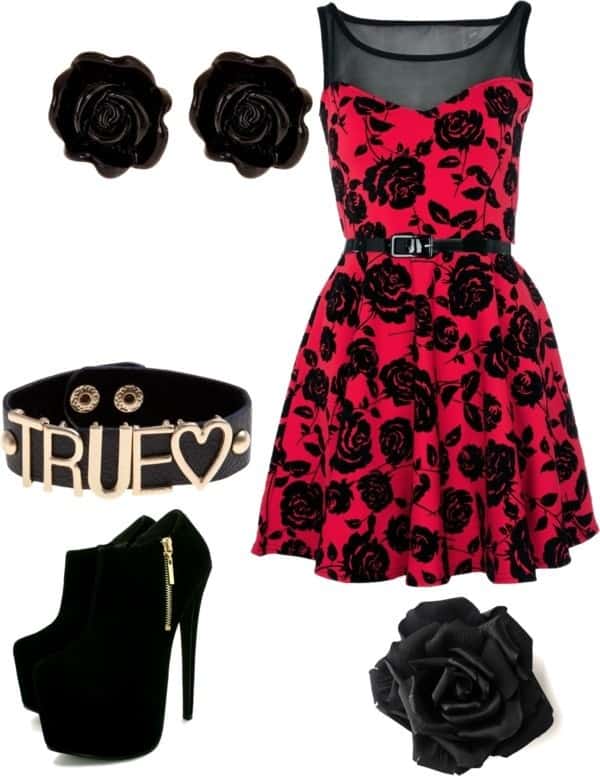 Red and black rose-printed party dress