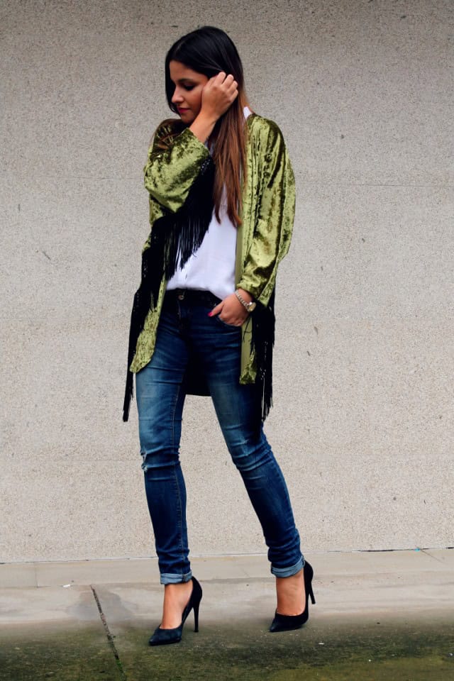 Edgy Bright-Colored Velvet Cardigan with Jeans