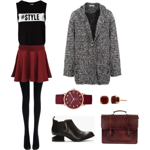 Black graphic tank, Marsala skater skirt and black-and-white coat