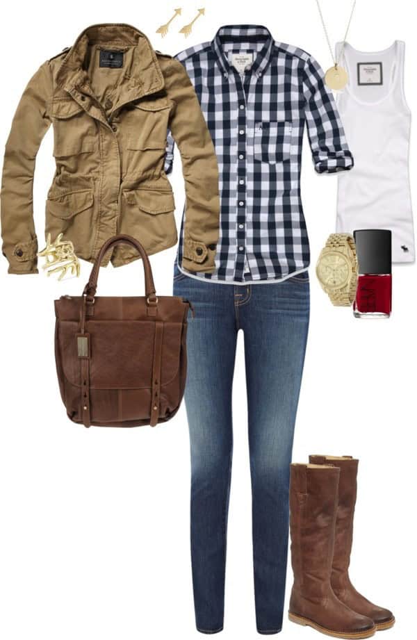 Plaid shirt, khaki jacket and tank