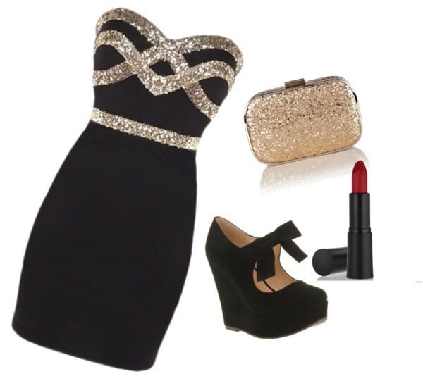 Fitted strapless black and gold dress with gold clutch