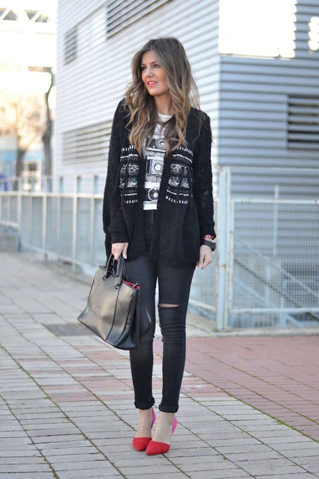 All Black Outfit with Red Pumps