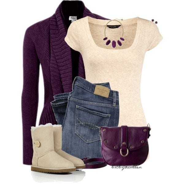 Trendy Polyvore Outfits Fall/Winter – Plum cardigan with cream T-shirt and jeans