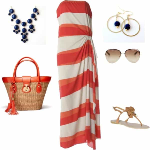 Orange and white striped strapless maxi dress and fun accessories