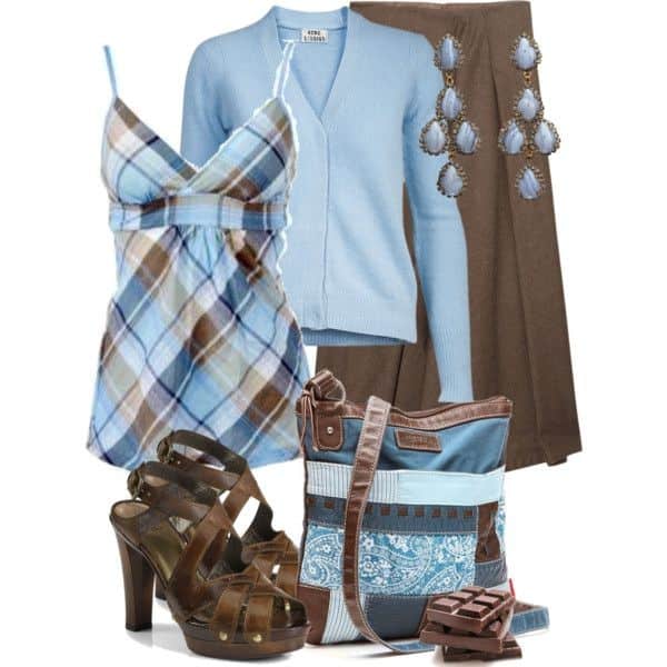 Baby blue cardigan, plaid top and brown skirt