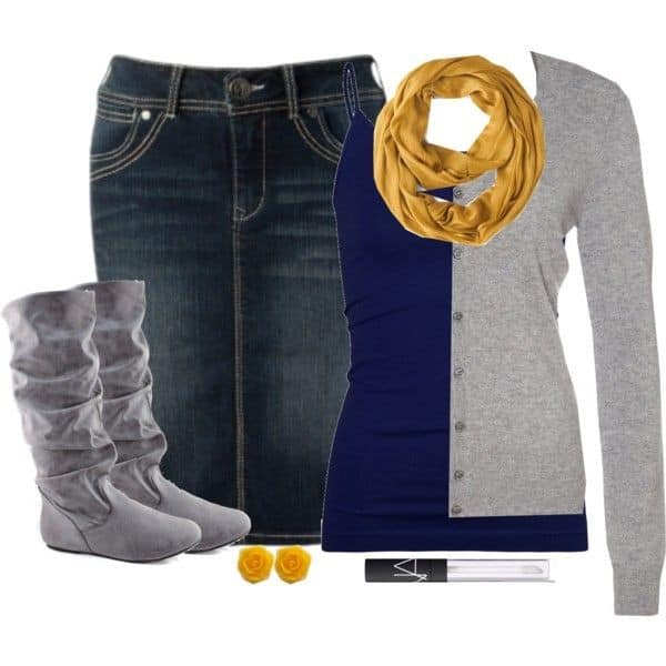 Heather grey cardigan, royal blue tank and jean skirt