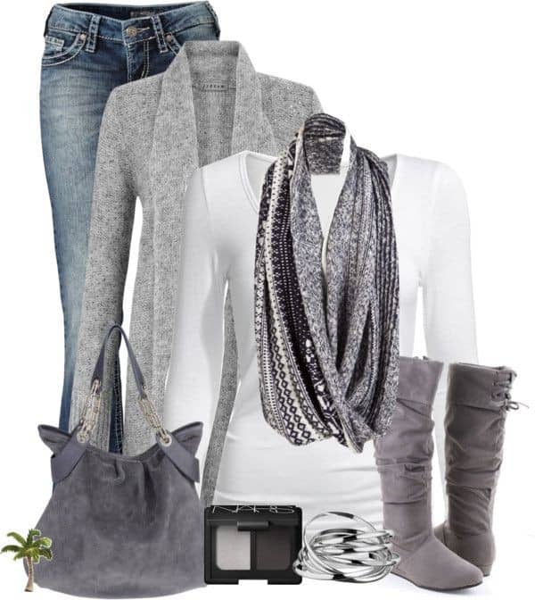 White long sleeve shirt, blue jeans and grey accessories