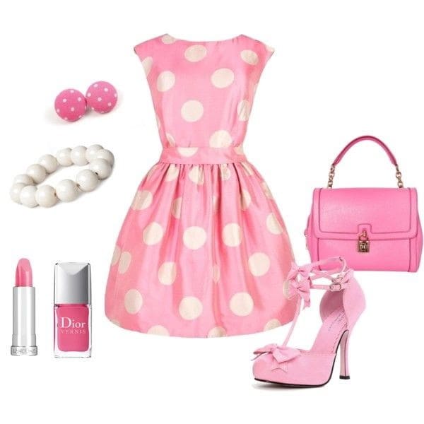 Pink-and-white polka dot dress and pink heels