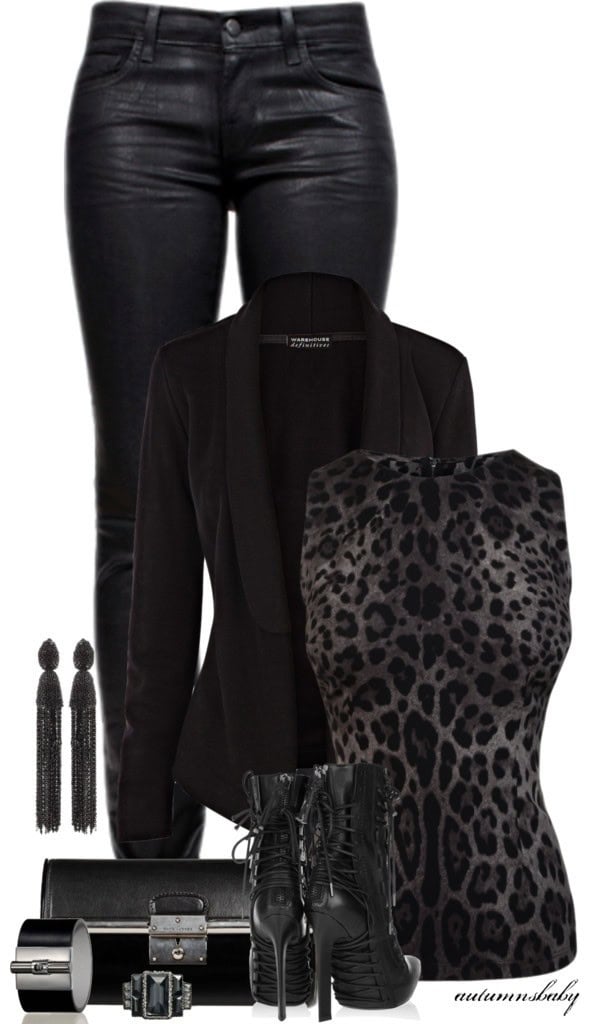 Black leather pants and blazer with black animal print sleeveless top