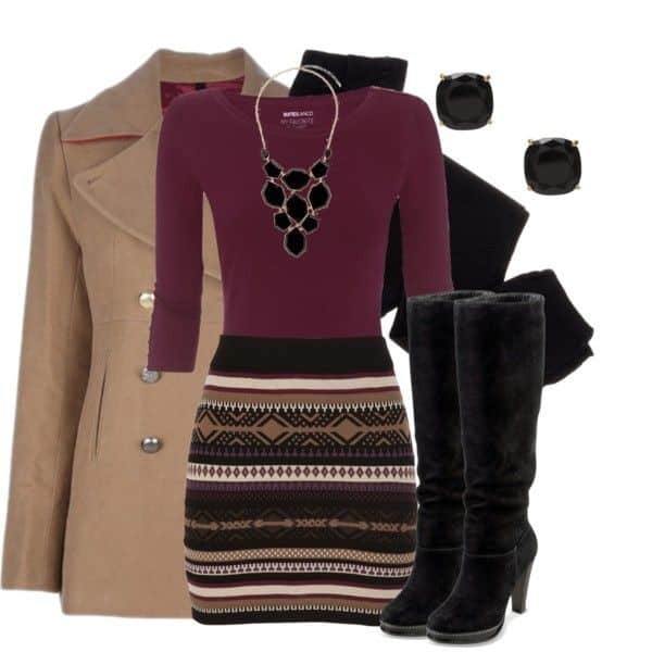 Aztec print mini skirt and suede calf boots