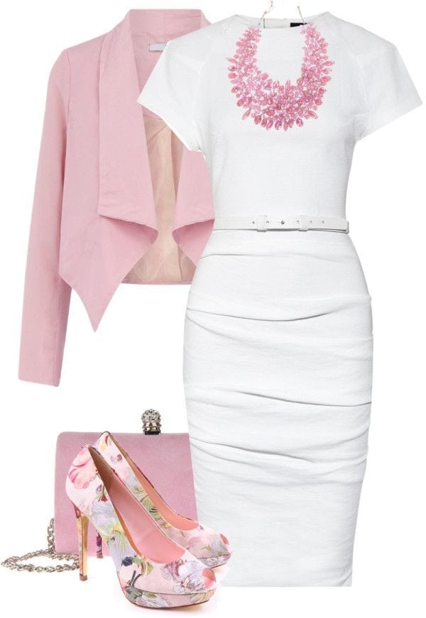 White dress with pink blazer