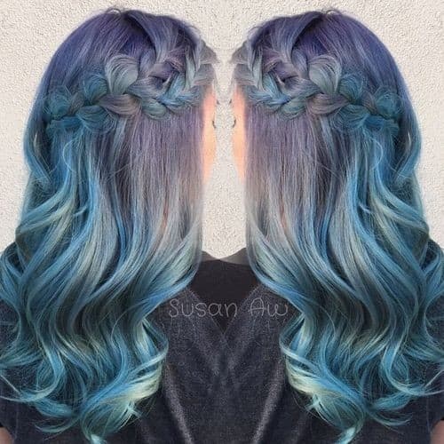 Lilac and Blue Braided Style – blue omrbe hair ideas for girls