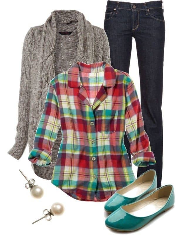 Grey cardigan, plaid shirt and blue jeans