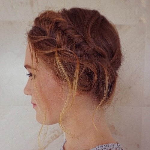 Copper Milkmaid Braids with Loose Curls