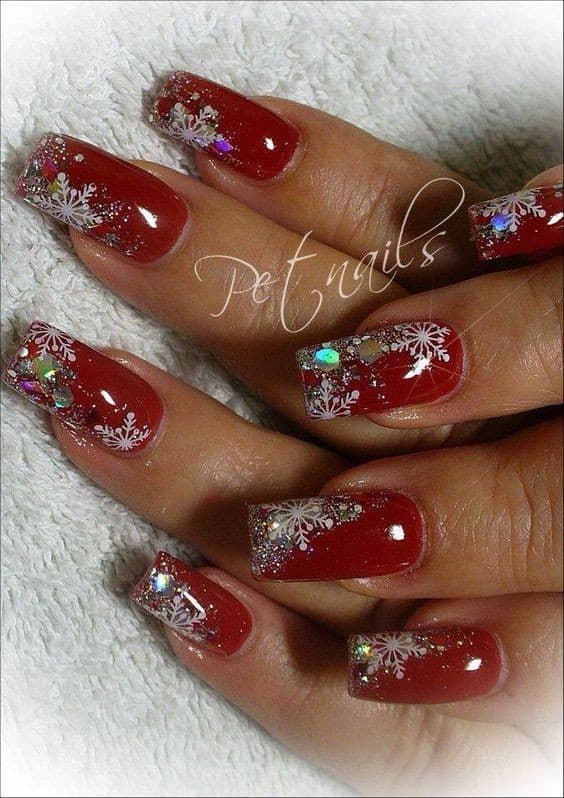 Red Nails with Glitter and Snowflakes