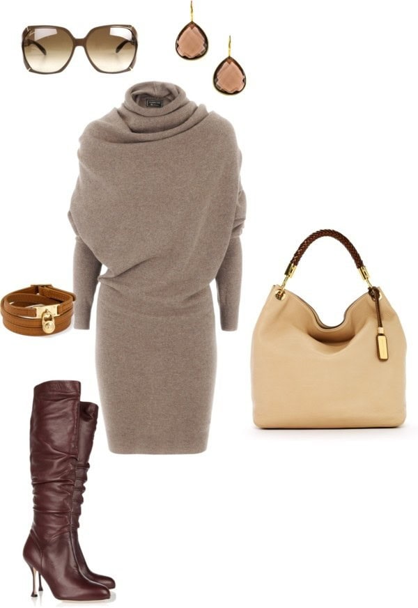 Taupe sweater dress with shades of brown accessories