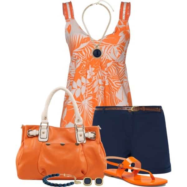 Orange-and-white sleeveless top and navy shorts