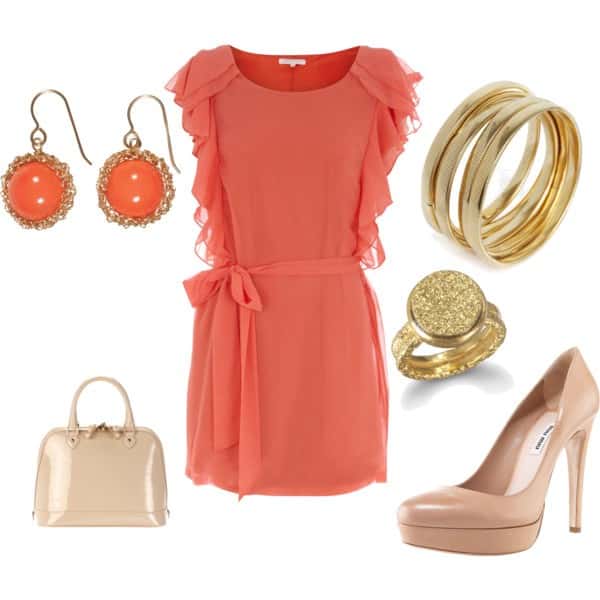 Coral dress with ruffled sleeves and nude pumps