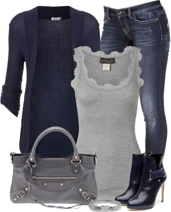 Autumn outfits polyvore – Long navy cardigan, grey lace tank and distressed blue jeans