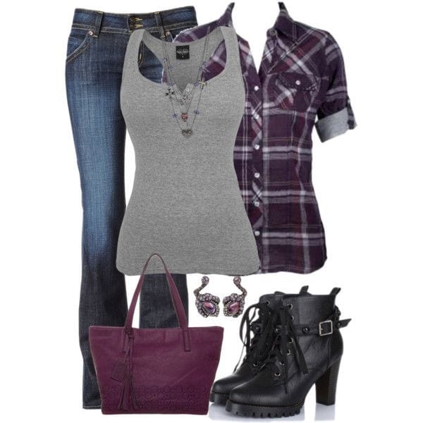 Plaid shirt, tank top and fitted jeans