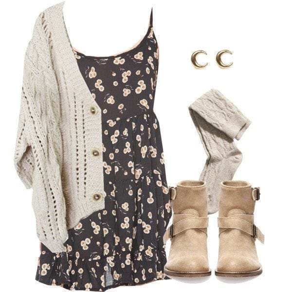 Casual Polyvore outfits for Fall – Dress with spaghetti straps and cable knit cardigan