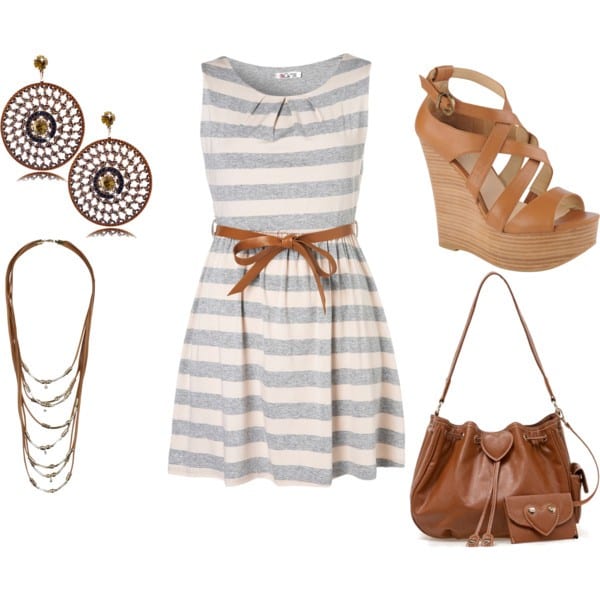 Striped sleeveless dress and wedge leather sandals