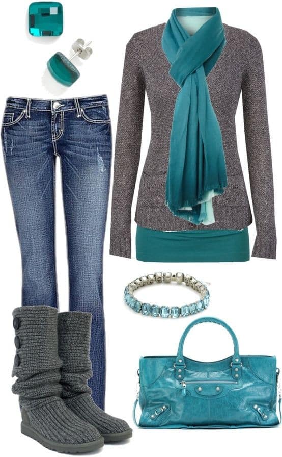 Grey sweater with teal scarf and purse