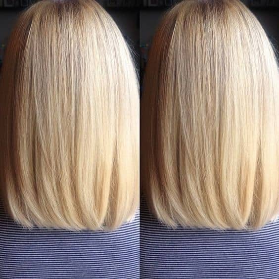 Golden Blonde Sleek Long Bob – Back view of lob hairstyle