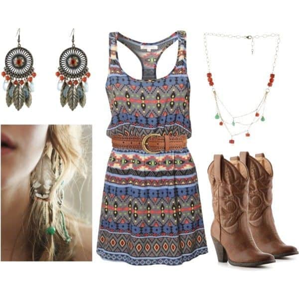 Aztec print dress and cowboy boots