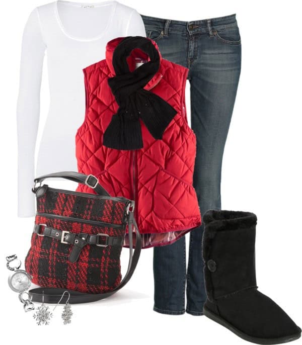 White shirt, red quilted vest and plaid purse