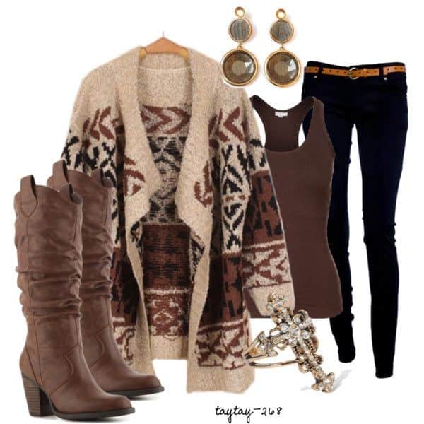 Brown tank, Aztec print cover-up and brown boots