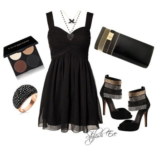 Black thick-strapped dress with tri-tone metallic heels