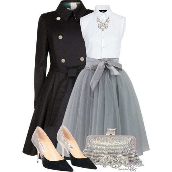 Military coat, sleeveless top and tulle flare skirt